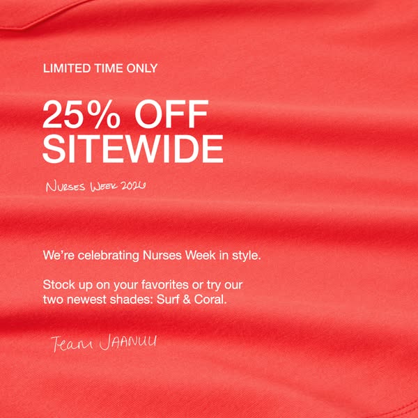 This image ad features a coral-colored scrub top and promotes a limited-time offer of 25% off sitewide for Nurses Week 2