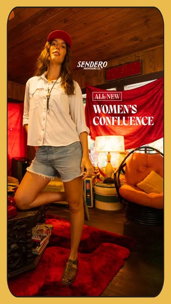 This ad showcases the 'Women's Confluence' product line from Sendero Provisions Co., featuring a model weari