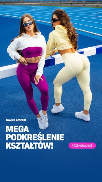 This image ad showcases activewear from Gym Glamour. Two models wear coordinated crop tops and leggings in purple and ye