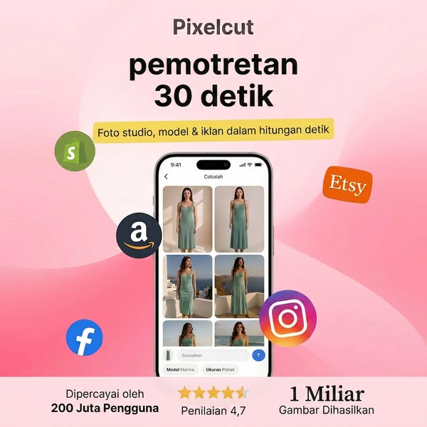 This ad showcases Pixelcut, a tool designed to make product photoshoots fast and easy. The main graphic features a mobil