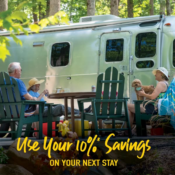 This image ad features senior citizens enjoying a relaxing camping trip. The ad promotes savings on a future stay.