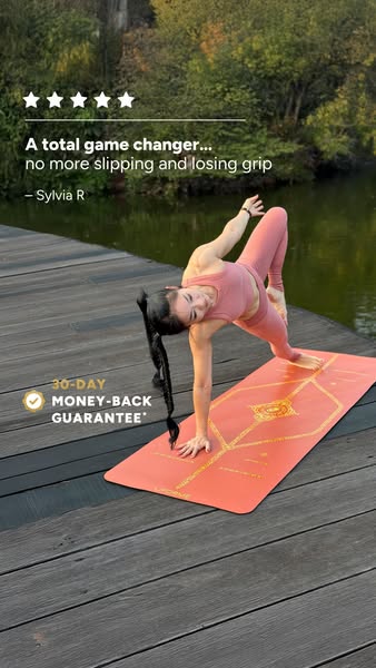 This ad features a woman doing yoga on a yoga mat, with a testimonial emphasizing the mat's non-slip grip. The ad hi