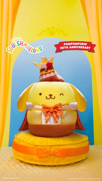 This ad showcases a Squishmallows plush toy in the likeness of the Sanrio character Pompompurin, dressed up in a cape an