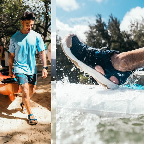 This ad features Teva sandals, showcasing their versatility by showing a split screen with a man walking in them on a sa