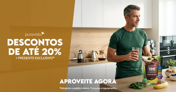Ad for Puravida nutritional supplements, featuring a man holding a glass of a chocolate protein shake and text promoting
