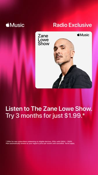 This image ad promotes The Zane Lowe Show on Apple Music by offering a limited-time subscription deal. The ad features a