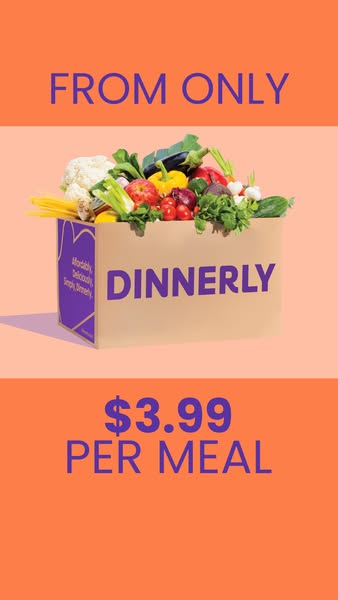 A digitally rendered image ad featuring a box filled with fresh ingredients and promoting meal kits from Dinnerly at a l
