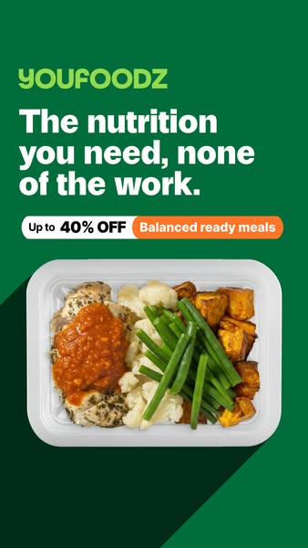 This image ad for Youfoodz features a ready-made balanced meal in a plastic container. The ad emphasizes the convenience