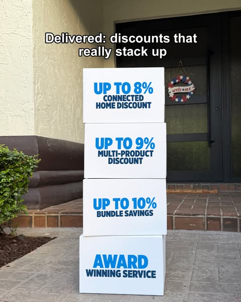 This image ad displays a stack of packages on a doorstep, each promising savings on connected home, multi-product, and b