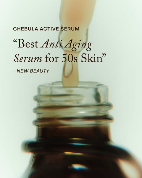 This image ad showcases Chebula Active Serum from the brand, accompanied by a quote from NEW BEAUTY emphasizing its effe