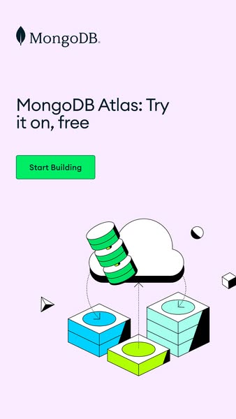 This ad for MongoDB Atlas uses a visual metaphor of building blocks to represent the process of building with the databa