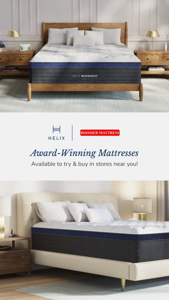 This ad showcases Helix Midnight mattresses, available for in-store purchase.