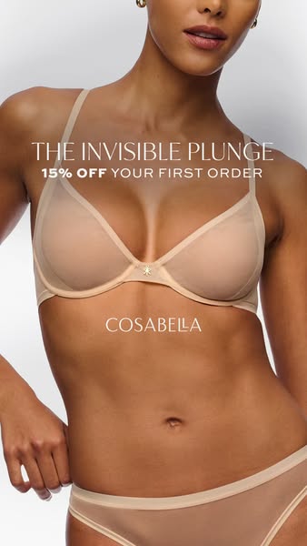 This ad features an image of a woman wearing a Cosabella bra and underwear. The ad promotes the product and offers a dis