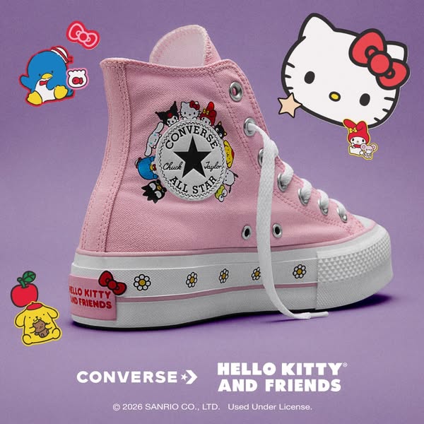 This ad displays pink high top Converse sneakers with Hello Kitty and Friends graphics. The ad is promoting a collaborat