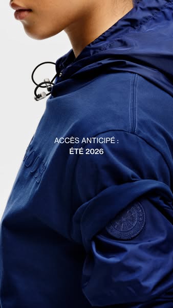 The image shows a cropped image of a person wearing a Canada Goose jacket. Text overlayed on the image advertises early 
