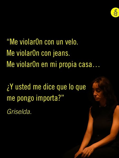 The image ad features a yellow background with a quote from Griselda about being violated and asking why what she wears 