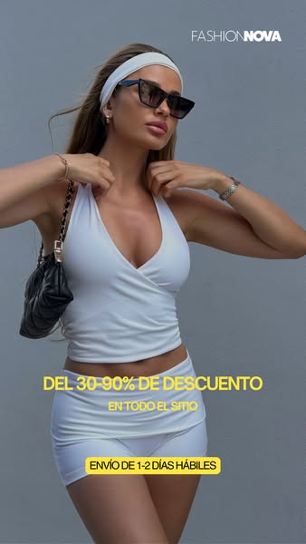 An ad by Fashion Nova featuring a woman wearing a white top and shorts set. The ad highlights a sale offering 30-90% off