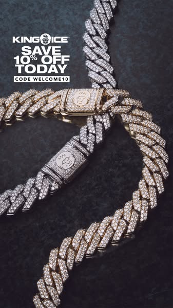 This ad for King Ice promotes an offer to save 10% on your order by using code WELCOME10 at checkout. The ad features 2 