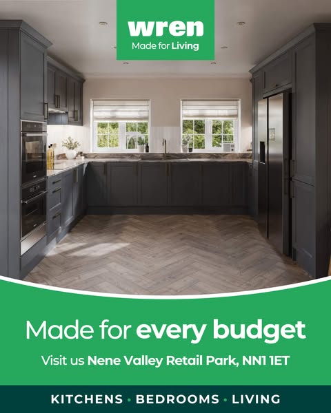 An advertisement featuring a fully furnished kitchen designed by Wren. The ad highlights the availability of Wren kitche