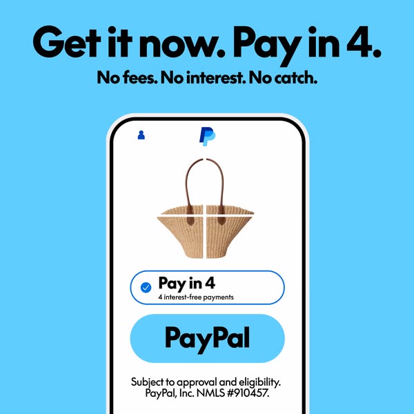 This ad promotes the use of PayPal's 'Pay in 4' service by highlighting that it has no fees, interest, or ot