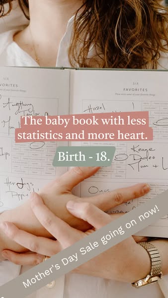 An ad for a baby book with journaling prompts so parents can record memories of their child's first 18 years. It sho