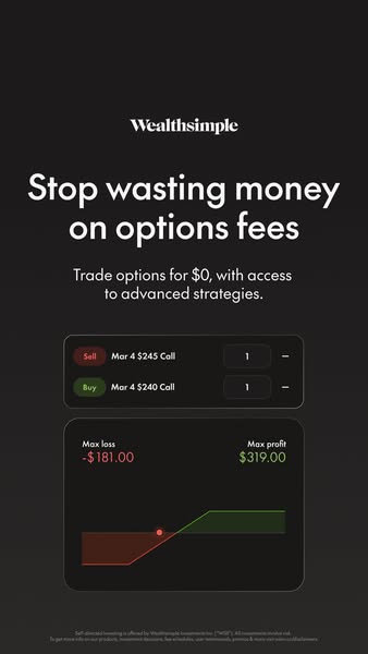 This ad for Wealthsimple promotes $0 options trading fees by showcasing a buy/sell options interface and a return graph 