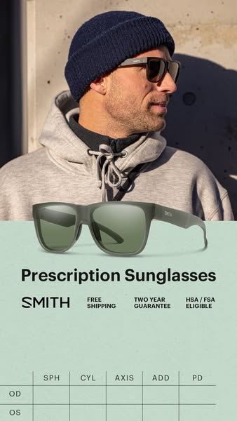 This image ad for Smith promotes their prescription sunglasses. The ad features a man wearing the sunglasses and include
