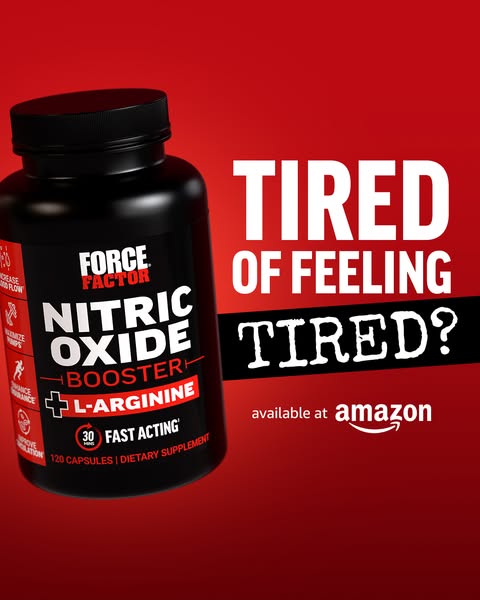 This image ad for Force Factor's Nitric Oxide Booster uses a product-focused approach to address the pain point of f