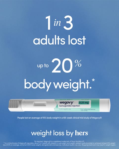 The ad promotes Wegovy as an injectable medication that assists adults with obesity or overweight to lose weight, highli