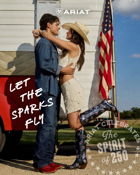 The ad features a couple hugging in front of a trailer with an American flag waving behind them. Text emphasizes the bra
