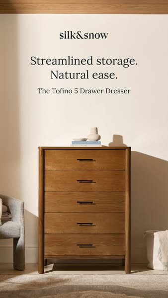 This image ad showcases a 5-drawer dresser from the brand Silk & Snow. The ad emphasizes the dresser's streamlin
