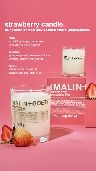This ad showcases the brand Malin+Goetz, promoting their strawberry candle. The ad lists the candle's different frag