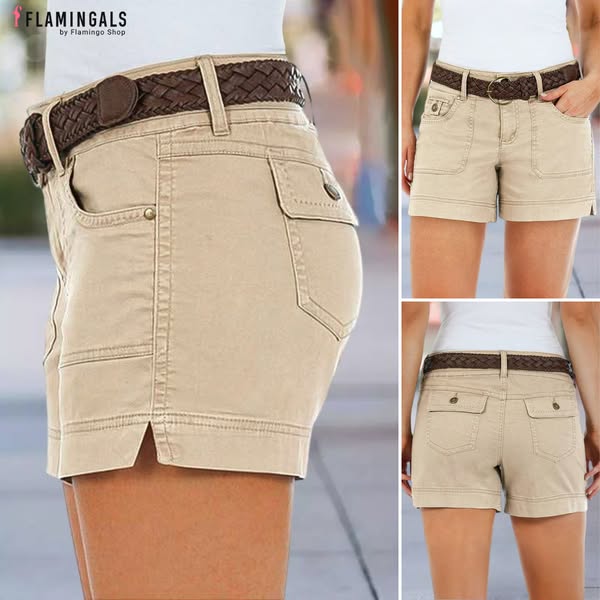 This image ad features a collage of three shots of a pair of tan shorts being modeled. All the images feature the shorts