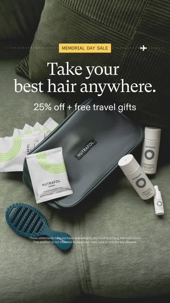 An image ad for Nutrafol hair products, promoting a Memorial Day sale with 25% off and free travel gifts. The ad feature
