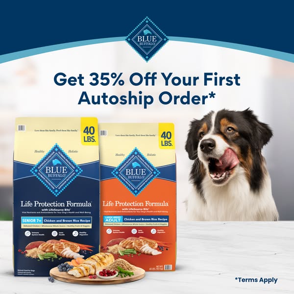 This image ad promotes Blue Buffalo dog food, highlighting a discount on the first autoship order and focusing on two va