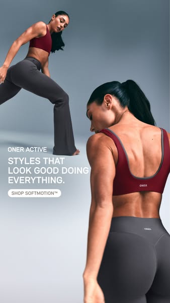 This ad showcases the Oner Active brand by featuring two models wearing their Softmotion line athletic wear. The models 