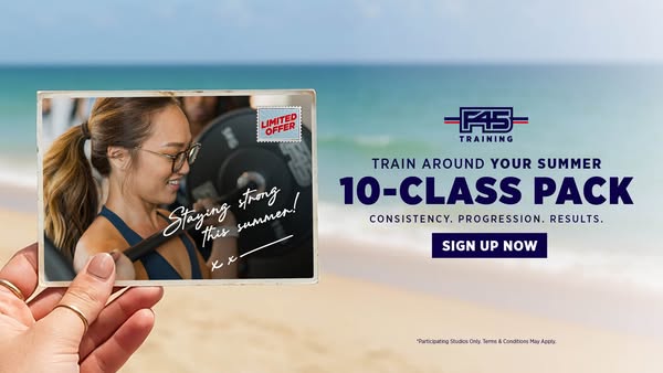 This ad promotes a 10-class pack at F45 Training and uses a postcard visual, designed to evoke summer vacation while sho