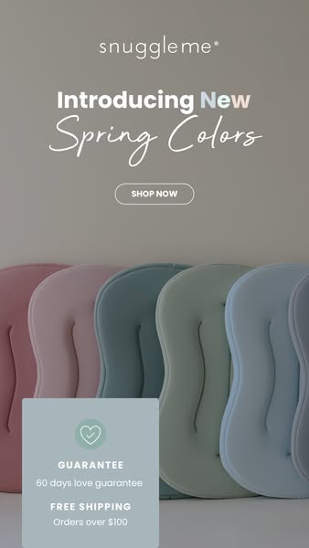 This ad for Snuggle Me advertises new spring colors. It features several Snuggle Me loungers in different colors lined u