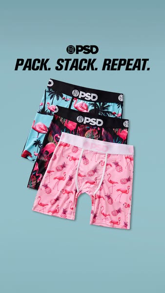 Image ad for PSD brand underwear featuring 3 pairs of underwear stacked in the center. The underwear features a flamingo