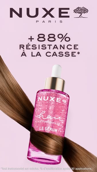 This ad features Nuxe hair serum, highlighting that it increases resistance to breakage by 88%. The image shows the bott