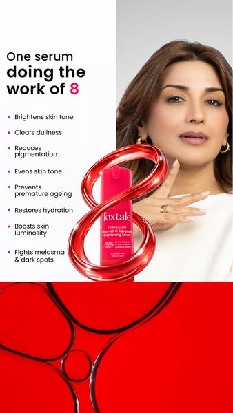 This image ad for Foxtale features a list of benefits the serum provides. The serum bottle is in the center of the ad an