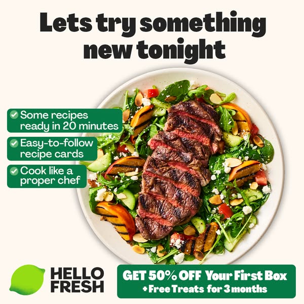 This image ad for HelloFresh promotes their meal kit delivery service. It features a close-up shot of a steak salad, emp