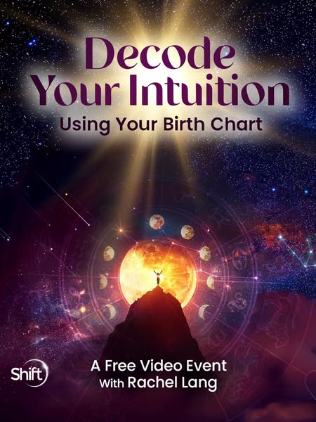 This image ad promotes a free video event with Rachel Lang, teaching how to decode intuition using one's birth chart