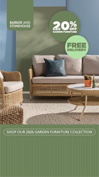 This image ad for Barker and Stonehouse promotes their 2026 garden furniture collection with a discount of up to 20% off