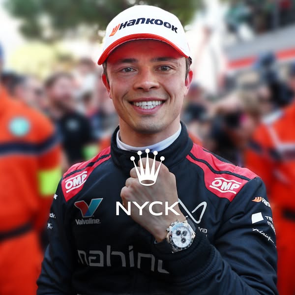 This ad features a close-up shot of Nyck de Vries, a Formula E driver, to promote the watch brand Rolex.