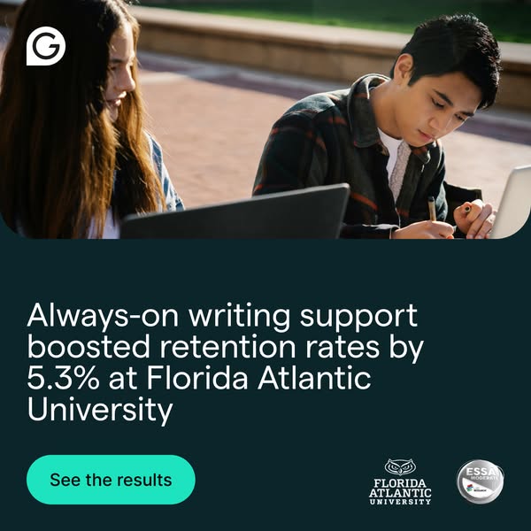 This ad presents Grammarly as a solution for universities to improve student retention rates by providing always-on writ