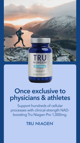 This image ad for Tru Niagen features a person running on a mountain overlooking a lake. The ad copy states the product 