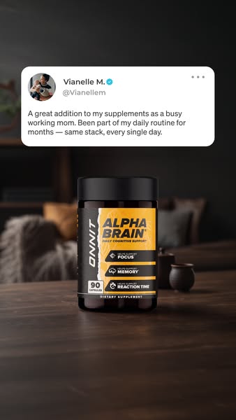 This ad features a testimonial from a working mom about the Onnit Alpha Brain supplement. The ad aims to build credibili