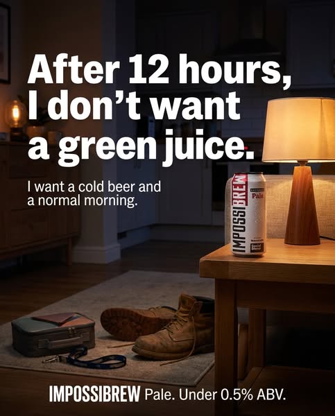 An image ad for Impossibrew, a pale beer with less than 0.5% ABV. The ad shows a can of the beer on a bedside table next