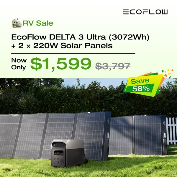This ad promotes the EcoFlow DELTA 3 Ultra power station and two 220W solar panels, highlighting a significant discount 
